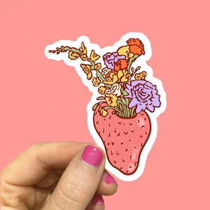 Floral Strawberry Bouquet Vinyl Sticker | Cute aesthetic coquette cottage core pastel garden wildflower bouquet laptop decal