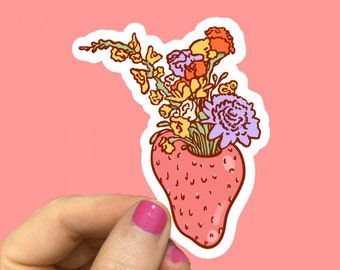 Floral Strawberry Bouquet Vinyl Sticker | Cute aesthetic coquette cottage core pastel garden wildflower bouquet laptop decal