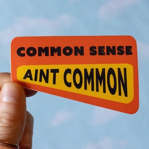 May include: A red and yellow sticker with the text "COMMON SENSE AINT COMMON" in black letters.