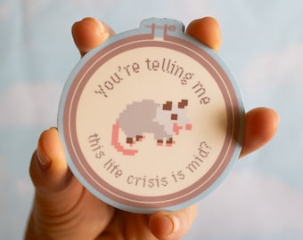 Mid Life Crisis Possum Vinyl Sticker | Cute aesthetic  funny embroidered animal laptop decal