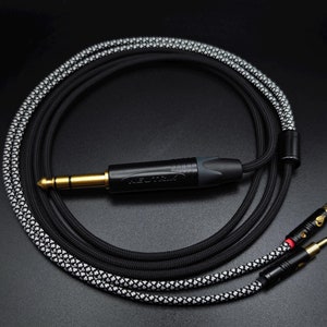 May include: A black and white braided cable with a gold-coloured connector on one end and two gold-coloured connectors on the other end. The cable is labelled "Neutrik".