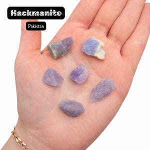 May include: A hand holding several pieces of rough-cut hackmanite crystals. The crystals are various shades of purple and lavender. The image includes text that reads "Hackmanite" and "Pakistan".
