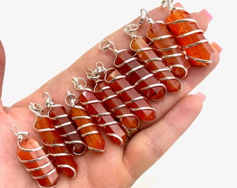 Carnelian Spiral Pendant, Coil Wrapped Carnelian Pendant, Silver Wrapped Carnelian Pendant, Simple Carnelian Pendant, J-52