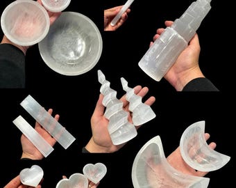 Selenita satinada pulida - Torre de selenita - Cuenco de selenita - Formas de selenita - Espato satinado natural