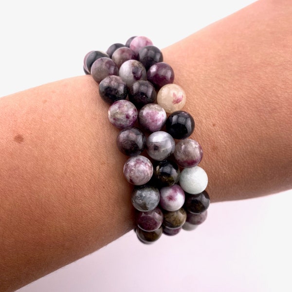 8mm Pink and Purple Tourmaline Bracelet, Round Pink Tourmaline Bracelet, Tourmaline Gemstone Bracelet, GC-64