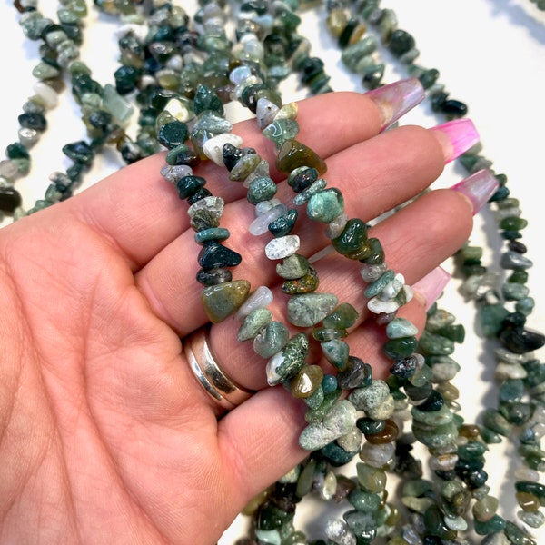 32” Moss Agate Bead, Moss Agate Chip Bead Strand, Moss Agate Bead Necklace, Beaded Moss Agate