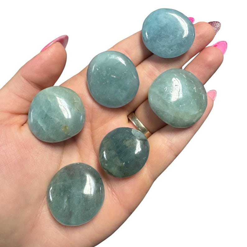 Gemstone Coin - Mini Crystal Worry Stone - Pocket Stone Aquamarine