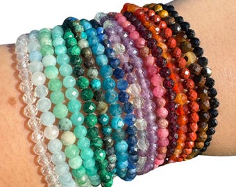 4mm Faceted Gemstone Bracelet, Dainty Crystal Bracelet, Faceted Crystal Bracelet
