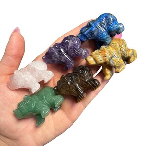 May include: Six small carved bear figurines made of different colored gemstones. The bears are arranged in a semi-circle, with the green bear in the front and the blue bear in the back. The bears are all about 2 inches tall.
