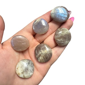 Gemstone Coin - Mini Crystal Worry Stone - Pocket Stone Blue Flash Moonstone/Sunstone
