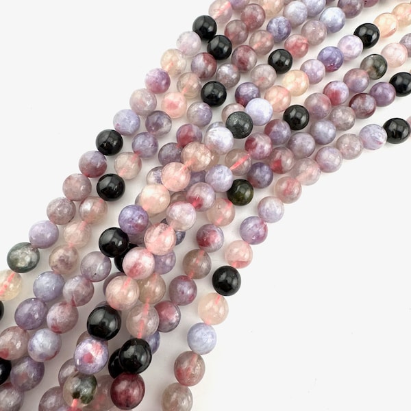 8mm Round Unicorn Stone Bead, Lepidolite and Pink Tourmaline Bead, Unicorn Stone Bead Strand, 16” Unicorn Bead Strand