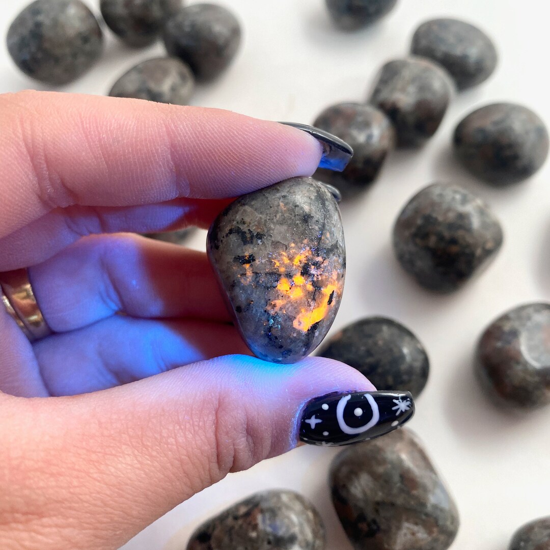 thumbnail image 2 of Natural Yooperlite Tumbled Stones - UV Reactive Polished Palm Rocks - Made In USA 2 of 5