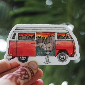 May include: A red and white vintage van sticker with a mountain scene inside. The van has a white roof and a white stripe along the side. The mountain scene is a sunset with a waterfall.