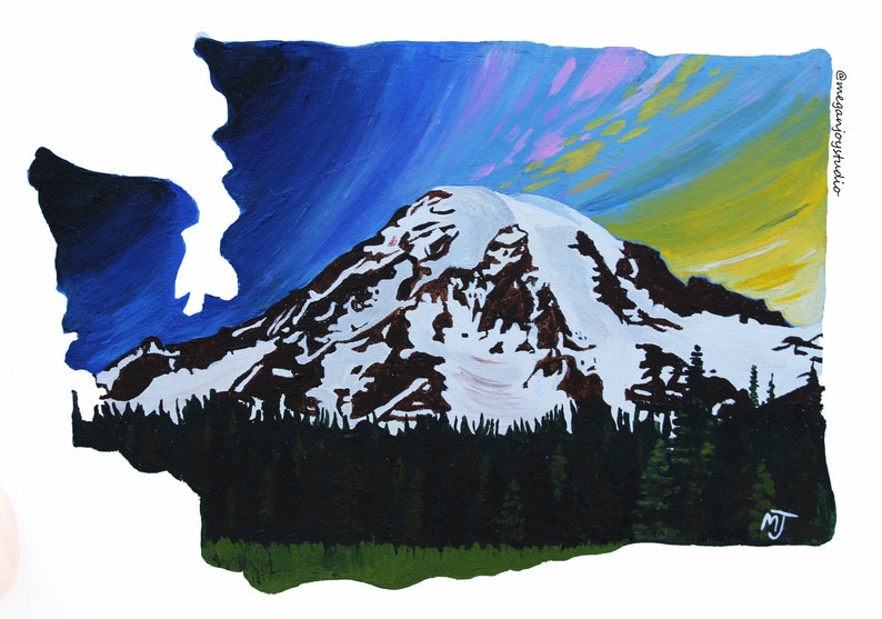May include: A painting of Mount Rainier, a snow-capped mountain, in the shape of the state of Washington. The sky is a vibrant blue with pink and yellow clouds. The mountain is surrounded by dark green trees and a grassy field.