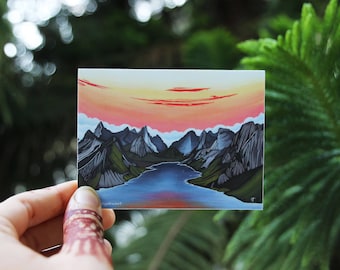 Mountain Sunset Sticker, "Fjords on Fire" Original Artwork, Waterproof Vinyl Sticker, Laptop Decal, Car Decal, PNW Adventure Sticker