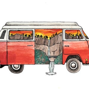May include: A red vintage van with a white roof and open doors. The interior of the van reveals a scenic landscape with a waterfall and a bridge. The scene is painted in watercolor with a sunset sky.