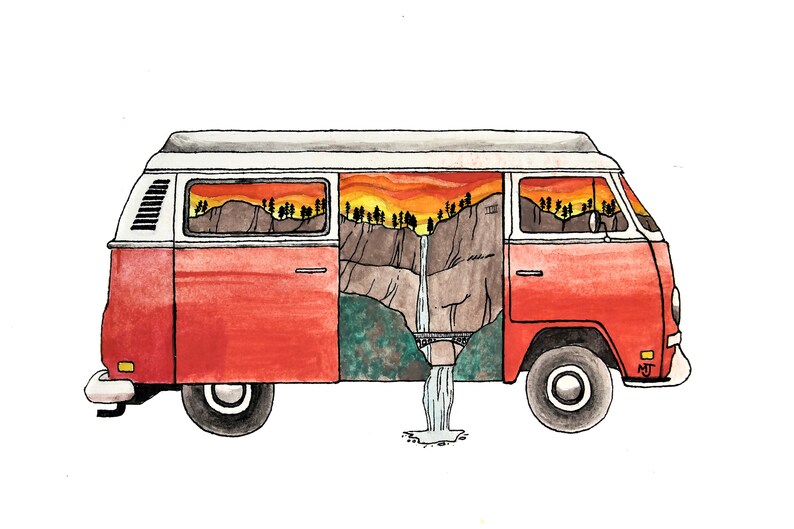 May include: A red vintage van with a white roof and open doors. The interior of the van reveals a scenic landscape with a waterfall and a bridge. The scene is painted in watercolor with a sunset sky.