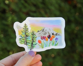 Washington State Sticker, Mount Baker Tulips, Waterproof Vinyl Sticker, Original Art Sticker, Car Decal, PNW Sticker, Adventure Sticker