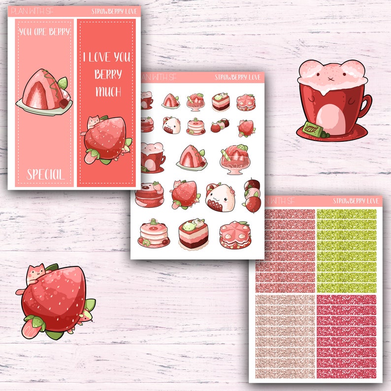 Strawberry love Weekly sticker kit for Classic Happy Planner Erin Condren Vertical Filofax and more Kikki K