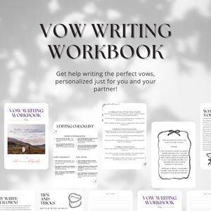 Puede incluir: Un libro de trabajo imprimible en blanco y negro con el título "Vow Writing Workbook" y una lista de verificación para editar votos. El libro de trabajo incluye consejos y trucos para escribir votos, y una sección para escribir votos.