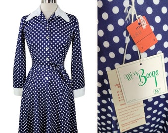 New 60s/70s Pinup Dress size 4/6/8 Party Navy Polkadot point collar Dead Stock