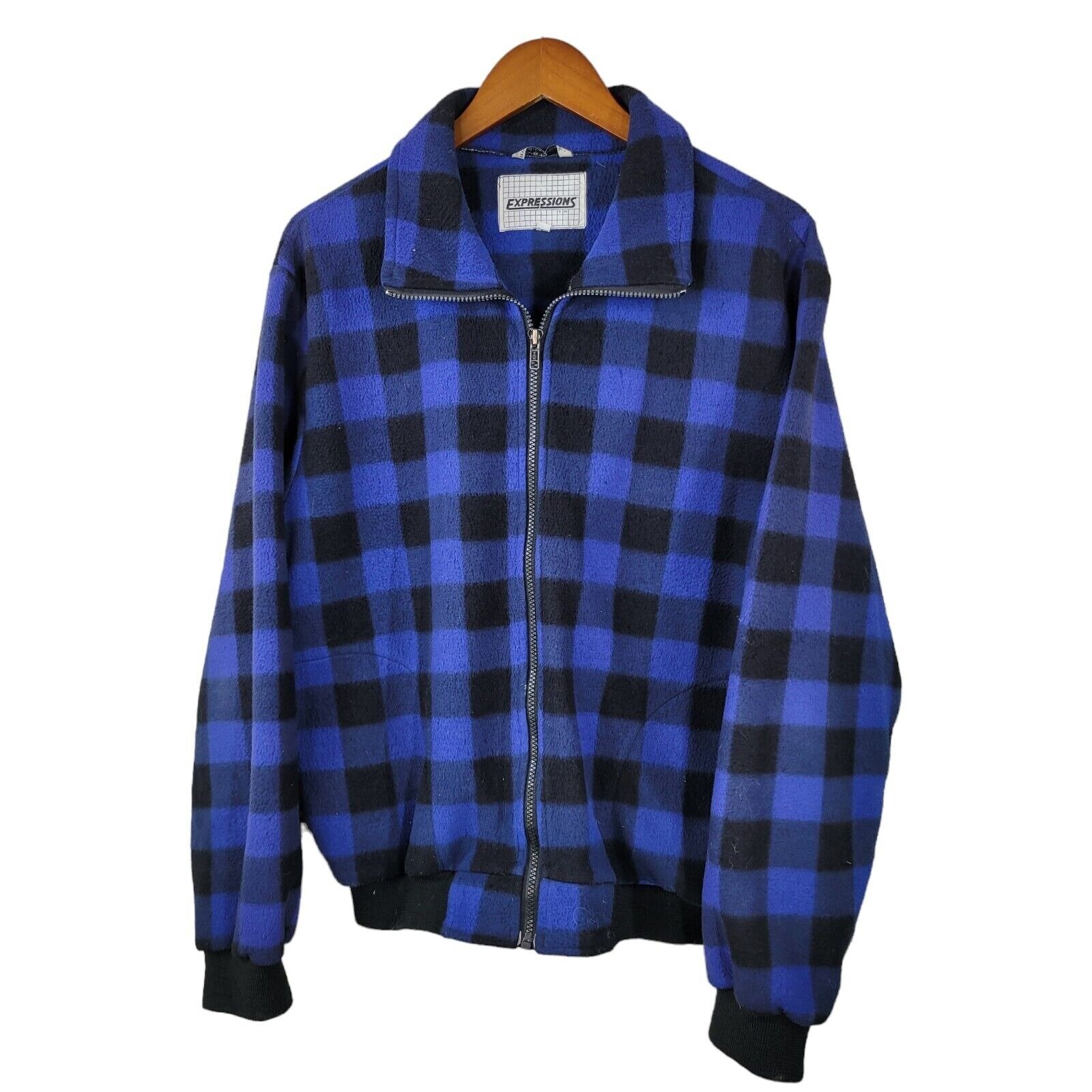 Vintage 90s Fleece Jacket Men Size Large Full Zip up Blue Black Check Plaid Etsy Ireland