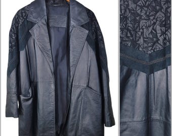Vintage 80s Leather Coat Womens Medium Open Front Winter Black Embroidered Suede