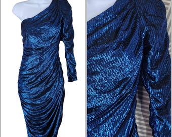 Vintage 70s Small Metallic Lurex one shoulder Evening Event New Leaf Samir Party