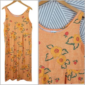 Vintage Tank Shirt Dress size Medium Large Midi Orange Floral Cotton Pleated
