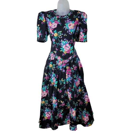 Vintage 80s Party Dress size 4/6 Small Floral Mid… - image 2