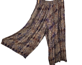 Vtg Gauze Boho Pants One Sz Medium Large Art Palazzo Pull On Crop Capri Stretch