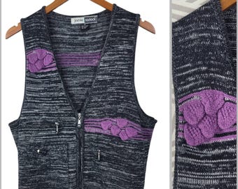 Vintage Jamie Sadock Medium Zip Wool Blend Knit Sweater Vest Whimsy Twee Gray