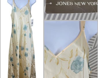 Camisón vintage Jones New York, talla grande, de satén, romántico, con estampado floral rosa, talla midi.
