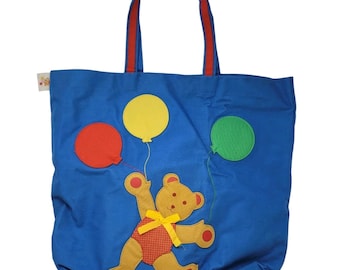 Vintage 80-tals blöjväska med björn och ballonger, primärfärger, blå, 16x19, medium