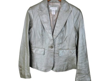 Worthington Metallic Leather Jacket Small Button Up Vintage Y2K Womens Silver