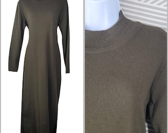 Vintage Sweater Dress Size Medium Stretch Midi Maxi Long Party Olive Drab Green