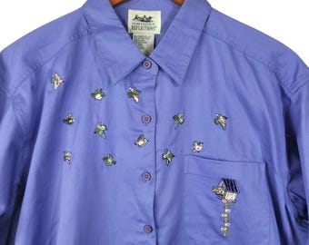 NEW Northern Reflections Shirt Large Embroidered Blue Button Bird House Vintage