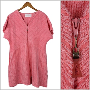 Vintage 70s Chenille Robe House Coat Medium Large Pockets Swim Cover Zip Up Pink