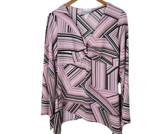 Vintage Y2K Top Small Medium Stretchy Geometric Pink Bell Sleeve Going Out