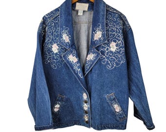 Vintage 80s Denim Jacket Coat Size Small Western bling Cowgirl Puff Paint Womens
