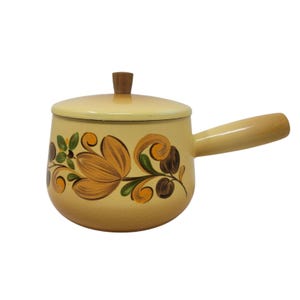 Peut inclure: Une casserole en émail de couleur crème avec un couvercle assorti et une poignée ton bois clair. L'extérieur présente un motif floral peint dans des tons marron, orange et vert, avec un petit bouton en bois centré sur le couvercle.