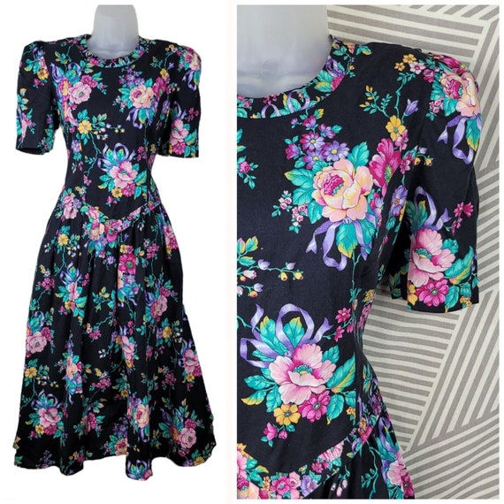 Vintage 80s Party Dress size 4/6 Small Floral Mid… - image 1