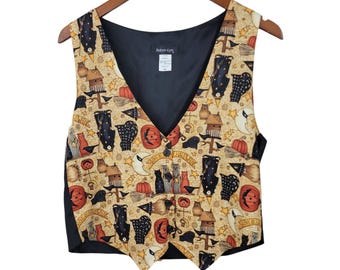Vintage Vest Holiday Halloween Small Medium Witch Jack-o-lantern Moon Owl Cat