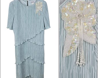 Vintage Cocktail Dress Size 8/10 Special Event Beaded Old Hollywood Layered Blue