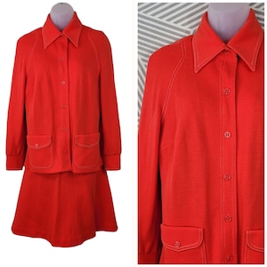 Vintage 70s 2-piece Skirt Suit Set Size Medium Blazer Jacket Point Collar Orange