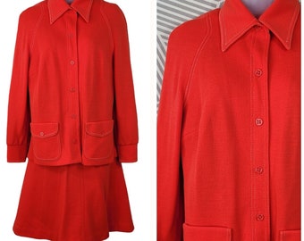 Vintage 70s 2-piece Skirt Suit Set Size Medium Blazer Jacket Point Collar Orange