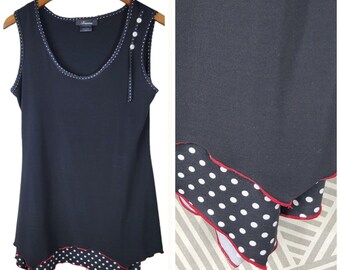 Vintage Tank Top Size Medium Layered Handkerchief Hem Alt Grunge Black Polkadot