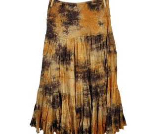 Spódnica w stylu boho w stylu vintage, średniej długości, zwiewna, hippie, długa, z rozciągliwą talią, wciągana, barwiona metodą tie-dye, pomarańczowa