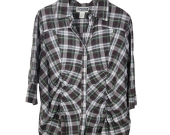 Vintage Western Plaid Snap Shirt Y2K Plus Size 1X Scrunch Brown Green Check