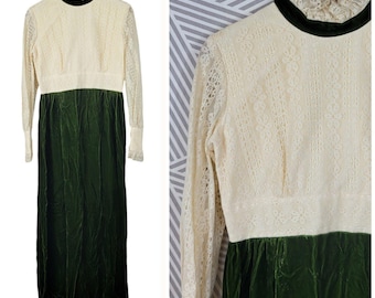 Vintage Handmade 60s 70s Maxi Dress Small Medium Green Velvet Lace Hostess Long